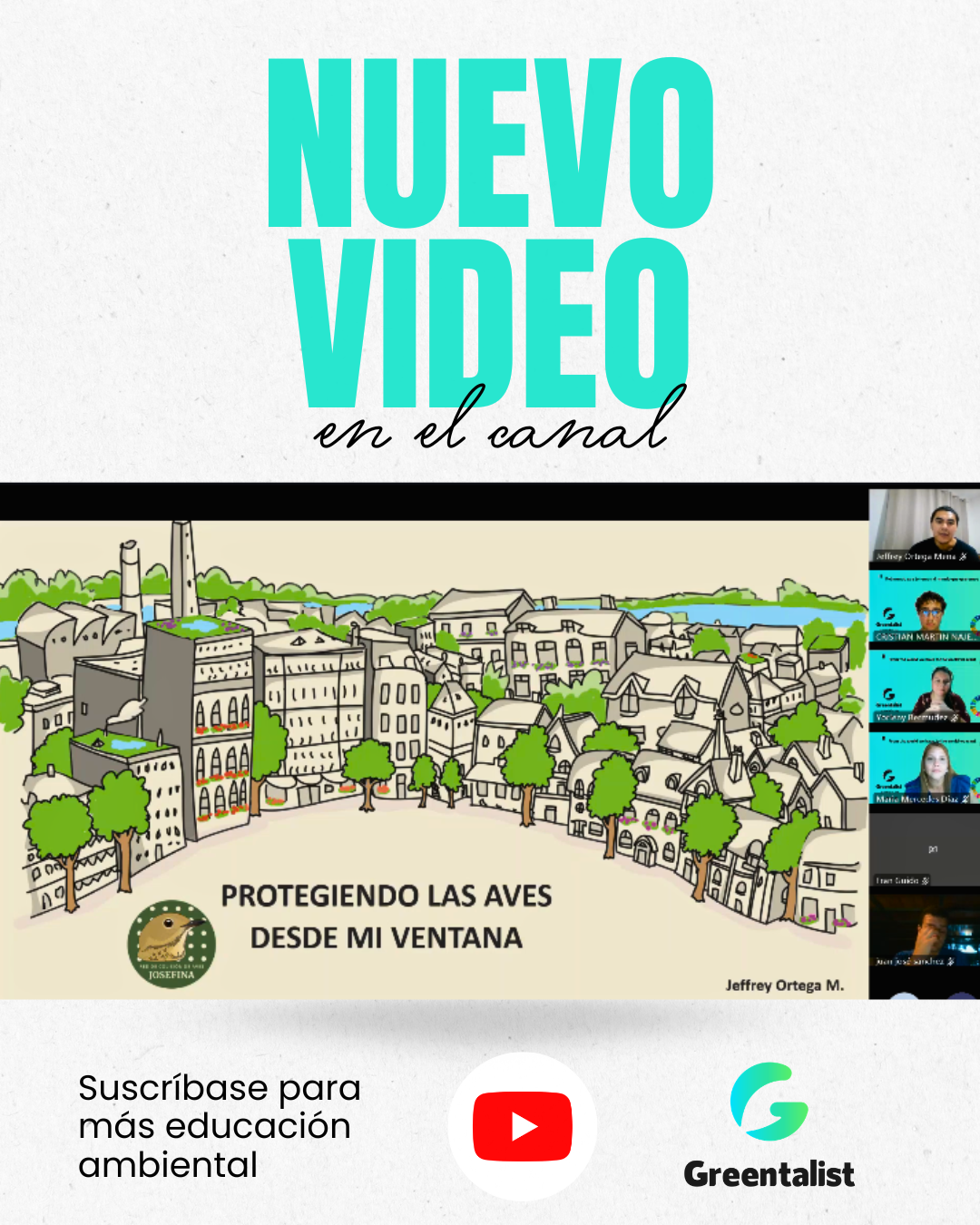 Miniatura del video de YouTube con ilustración de una ciudad y el título Protegiendo las aves desde mi ventana, mostrando a los panelistas en videollamada.